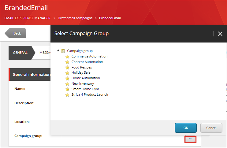 The email campaign builder General tab
