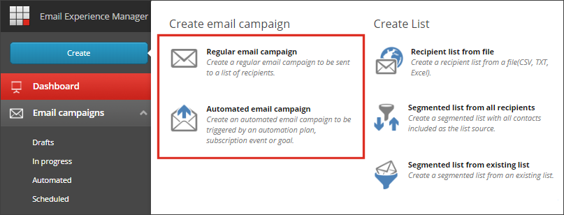 Choose whether you want to build an Automated email campaign or a Regular email campaign