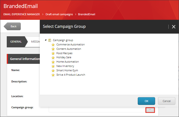 Selecting an email campaign to add to a group