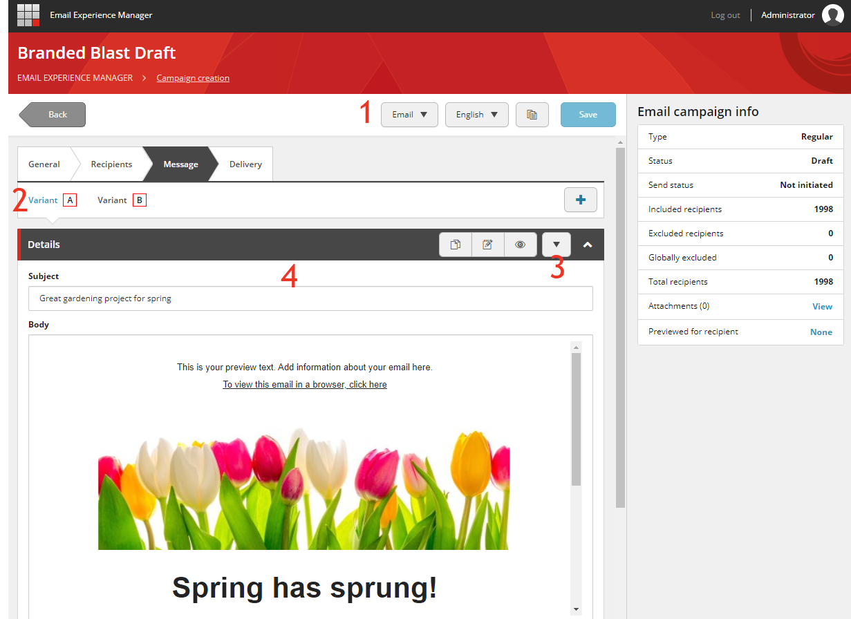 The email campaign builder Message tab