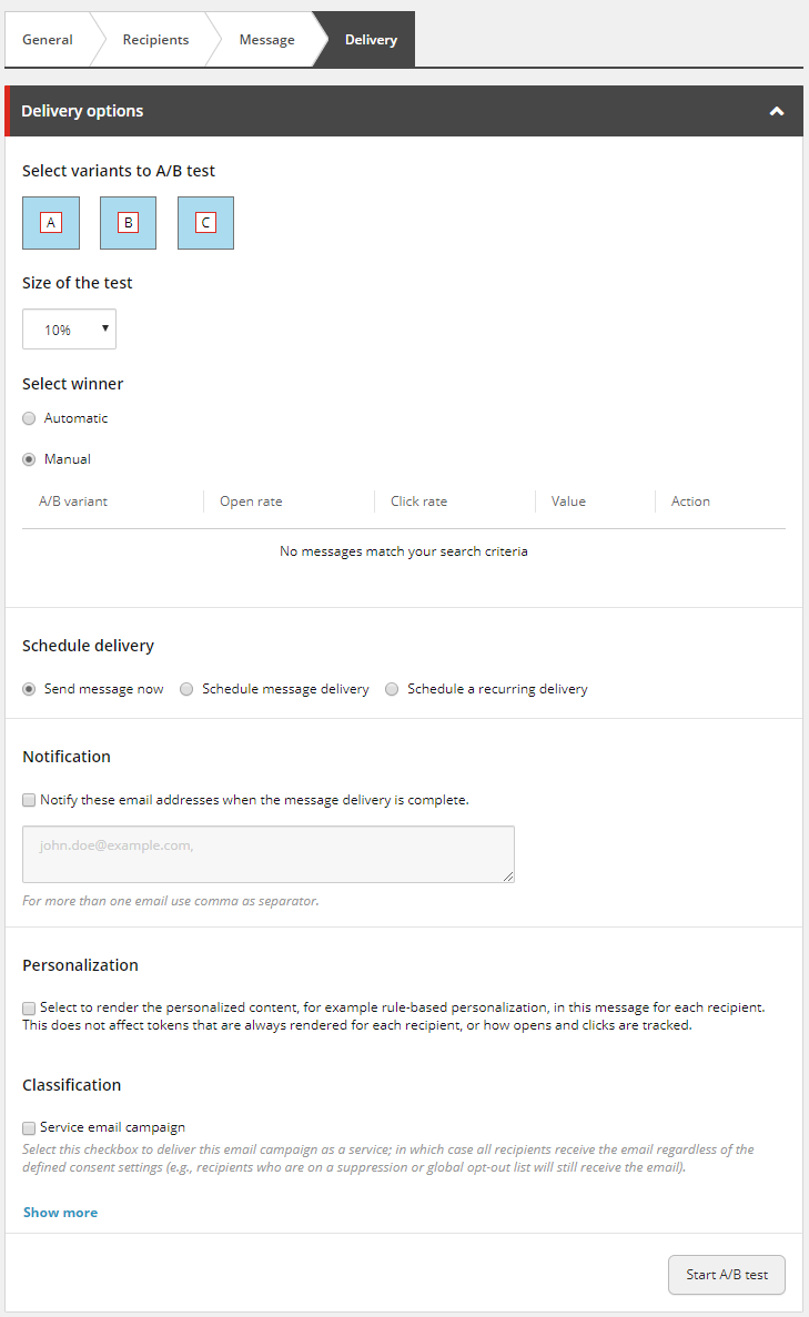 The email campaign builder Delivery tab