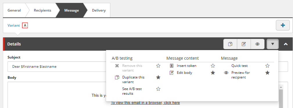 Click Duplicate this variant to duplicate the original email and all its content.