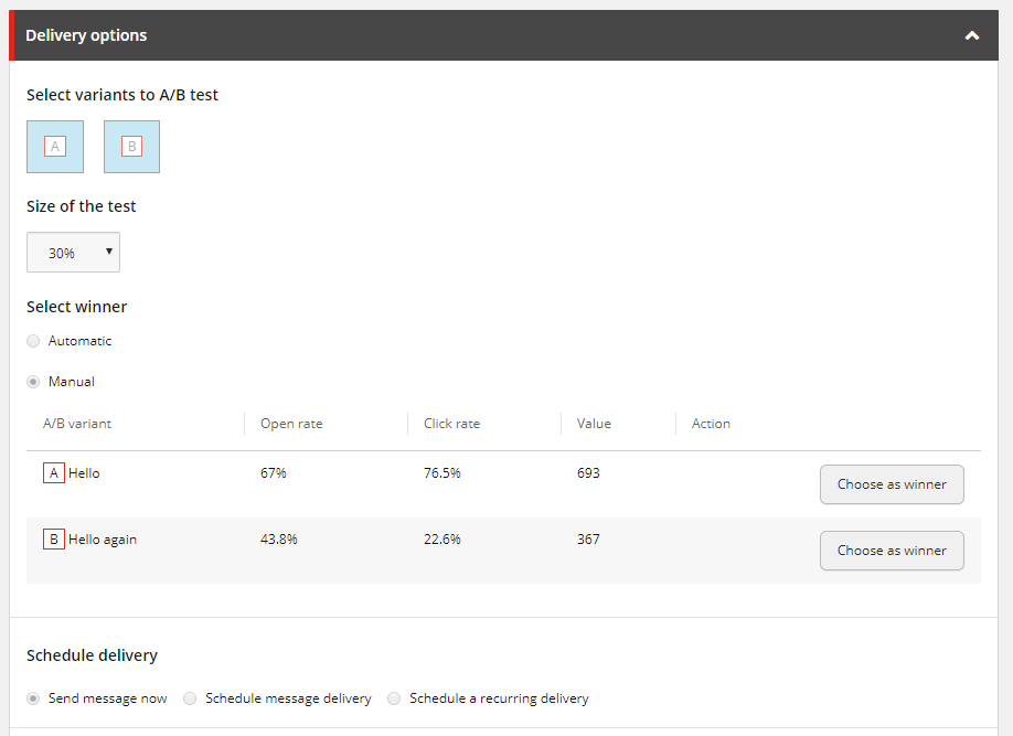 Select the winning variant based on the test results.