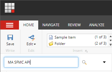 The search field in the Content Editor, with the search term MA SFMC API filled in.