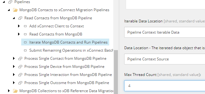 The Iterate MongoDB Contacts and Run Pipelines node in the Content tree.
