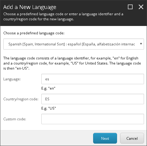 Sitecore コンテンツ エディターの [システムに言語を追加する] ダイアログ ボックス。