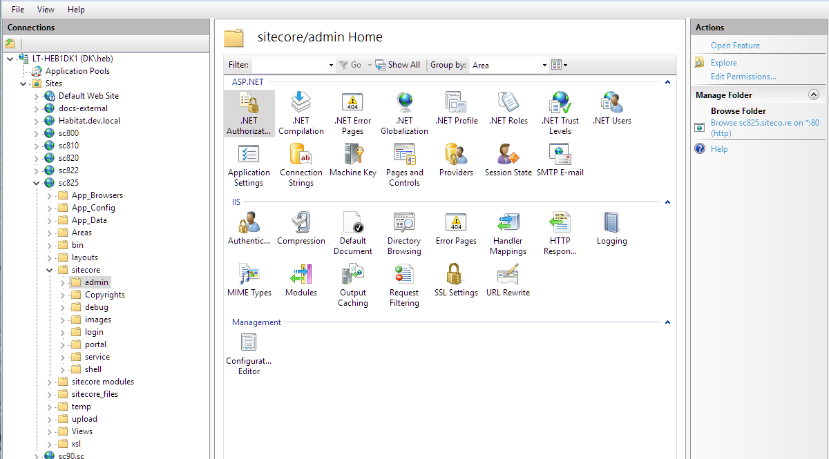 フォルダーまたはファイルで IIS の .NET の承認規則にアクセスする方法を示すスクリーンショット。