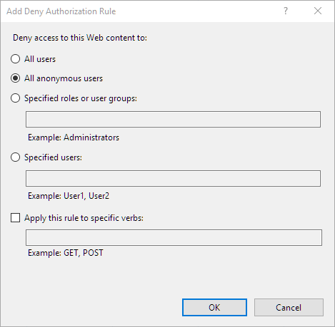 フォルダーまたはファイルで IIS の拒否規則を設定する方法を示すスクリーンショット。