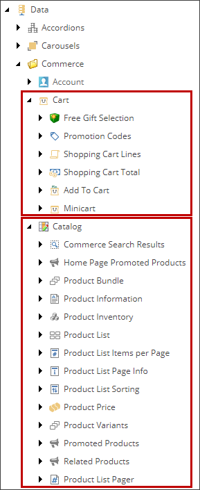 コンテンツ エディターでの Commerce レンダリングのラベルの場所。