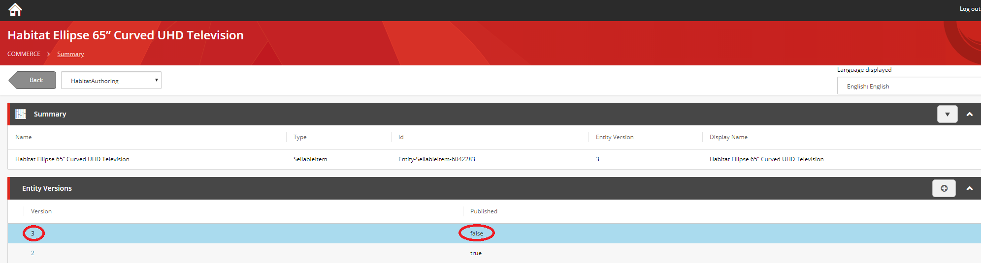 Entity Versions section