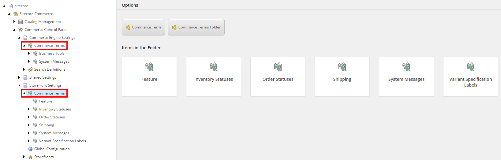 Diagram showing Commerce terms in the Content Editor.