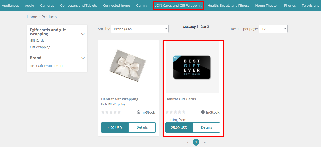The Gift card product on the eGift Cards and Gift Wrapping category page.