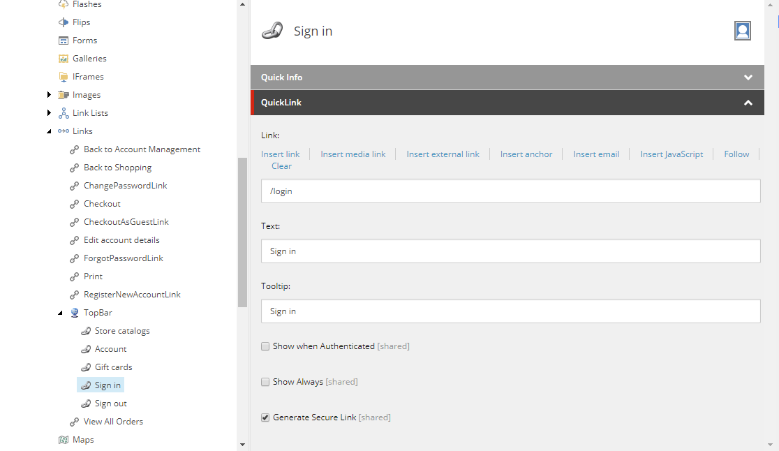 Top Bar links in the Content Editor