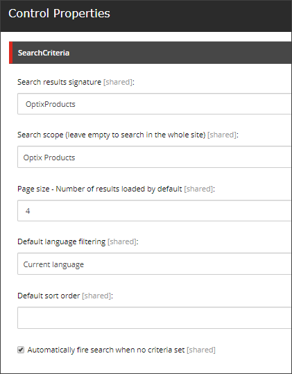 Control Properties dialog box for the Commerce Search Results rendering