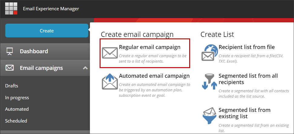 Create email campaign window.