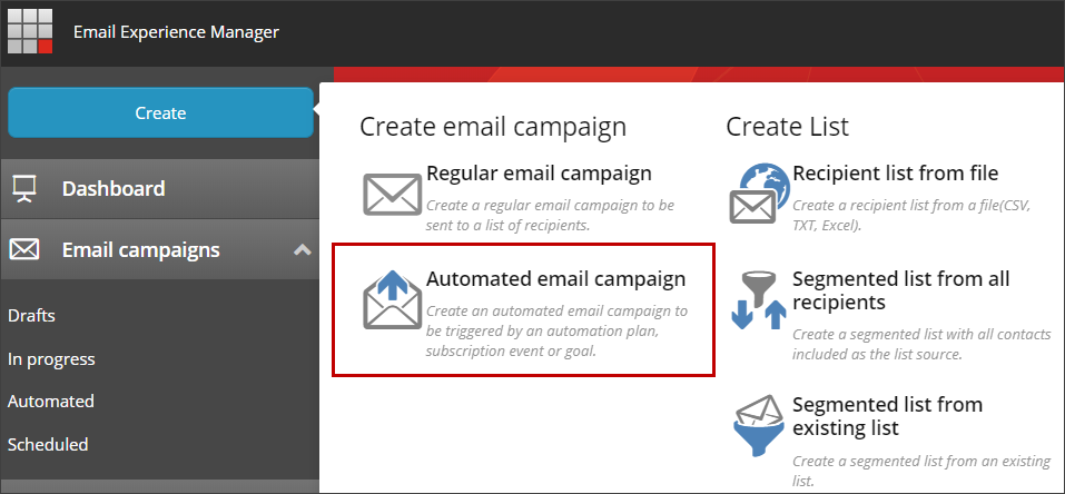 Create email campaign window showing available commands