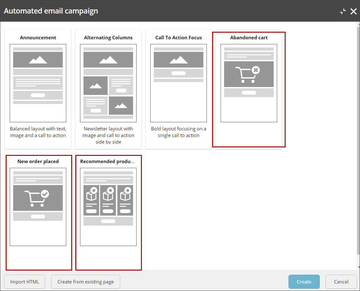 Create automated email campaign window showing templates