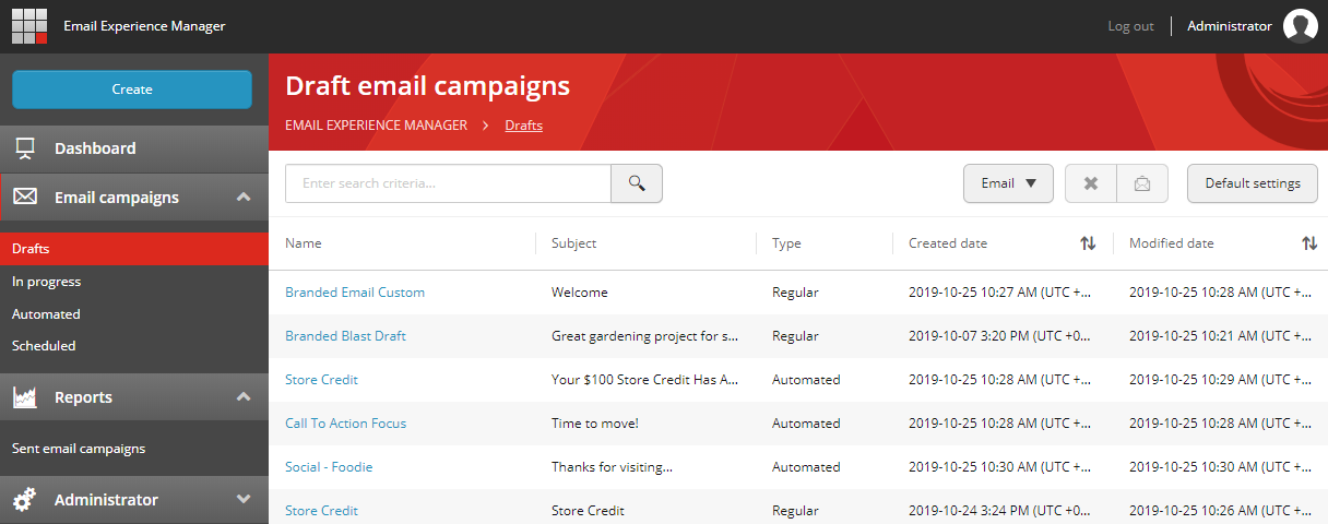 List of the email campaigns