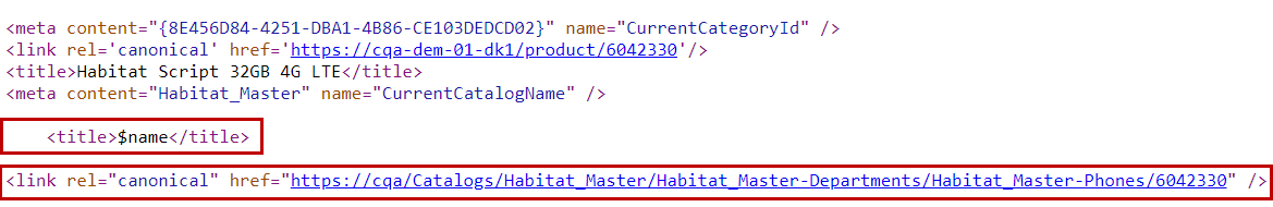 Metadata meta rendering showing title and canonical URL on the live storefront