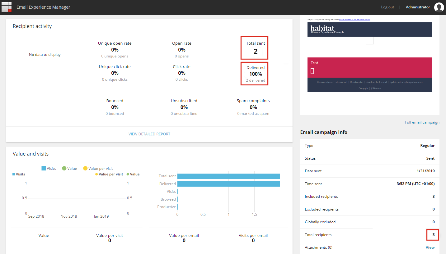 [en] Example of email reports showing a discrepancy between total sent and delivered percentage.