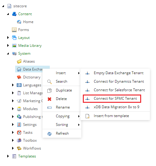 Insert Connect for SFMC tenant option in Data Exchange node in the content tree.