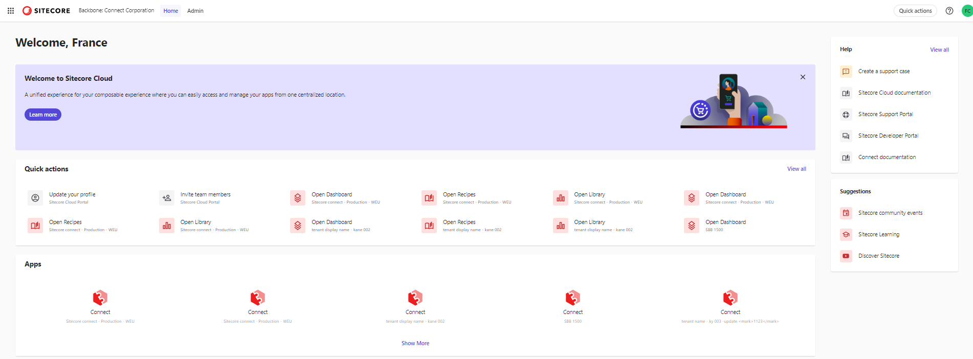 Shows the Connect apps and the Quick Actions that are available on the Sitecore Cloud Portal home page.