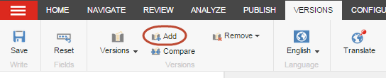 The Versions tab in the ribbon
