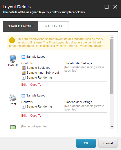 The Shared layout tab in the Layout Details dialog box.