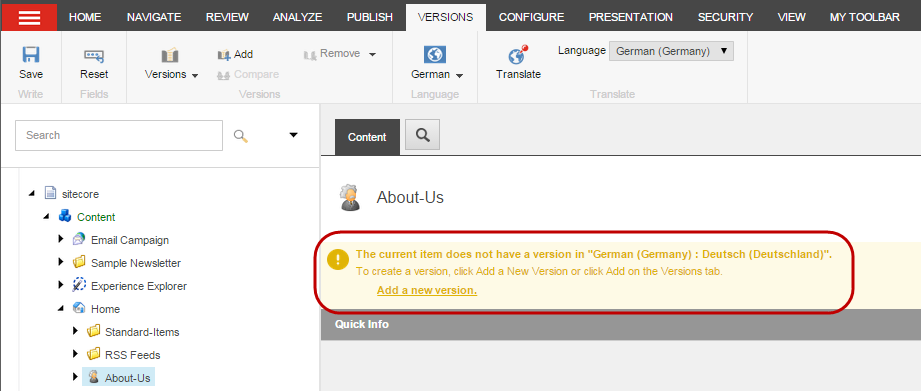 The Add a new language version notification