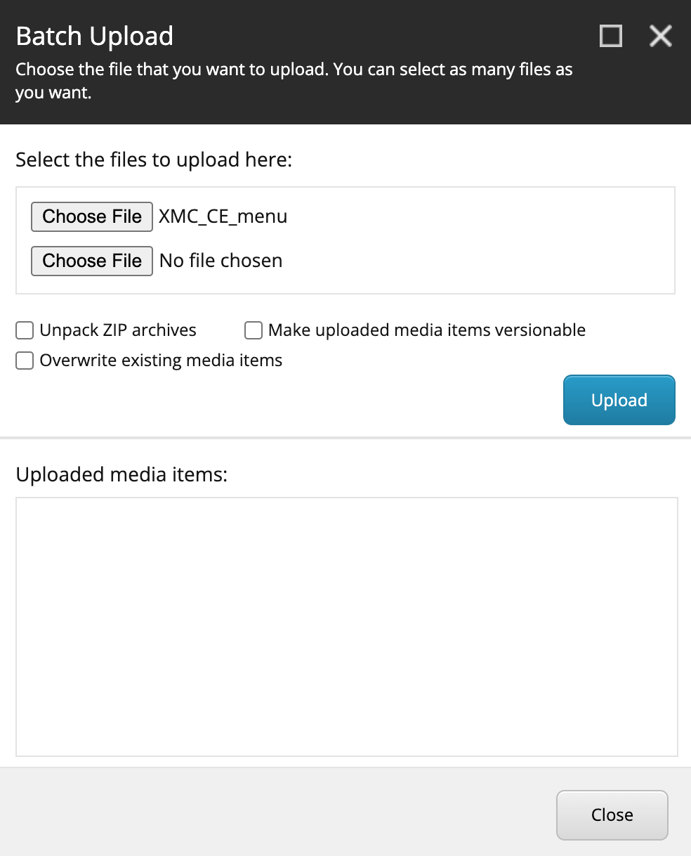 The Batch Upload dialog box with two Browse buttons