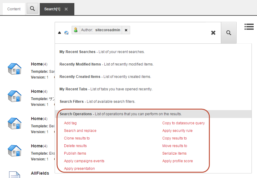 The list of search operations on the Search tab.