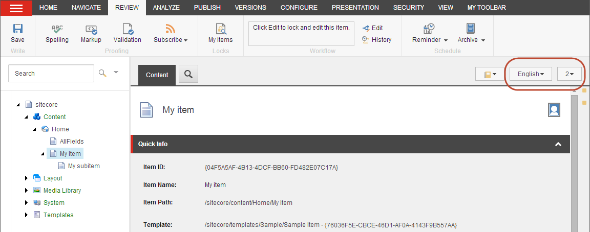 The language button in the Content Editor