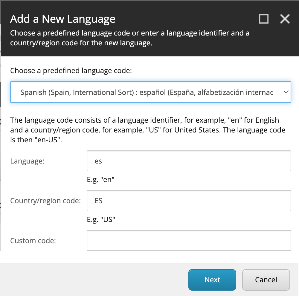 The Add a New Language dialog box in Sitecore Content Editor.