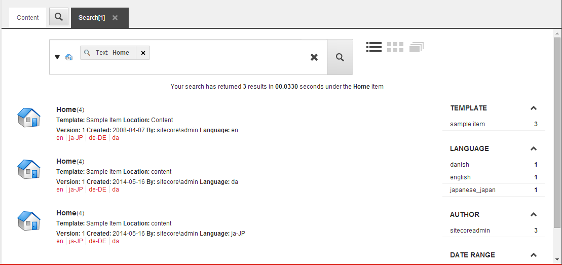 The search results in the Content Editor.