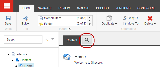 The Search icon on the Search tab in the Content Editor.