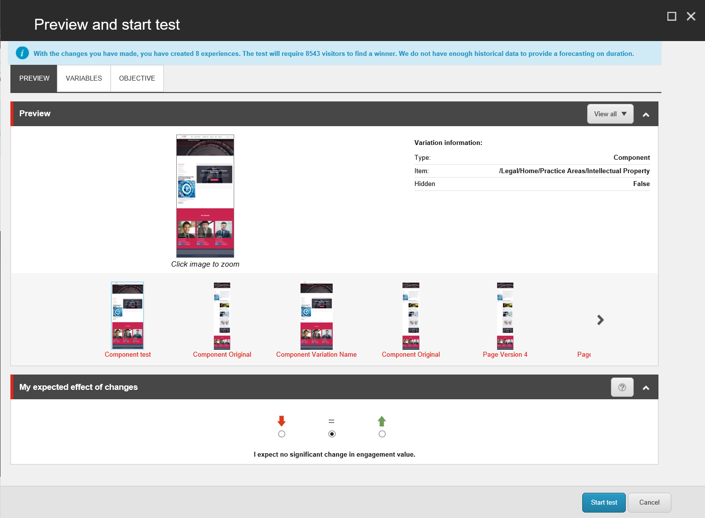 The Preview and start test dialog box