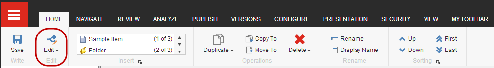 The Edit button on the Home tab