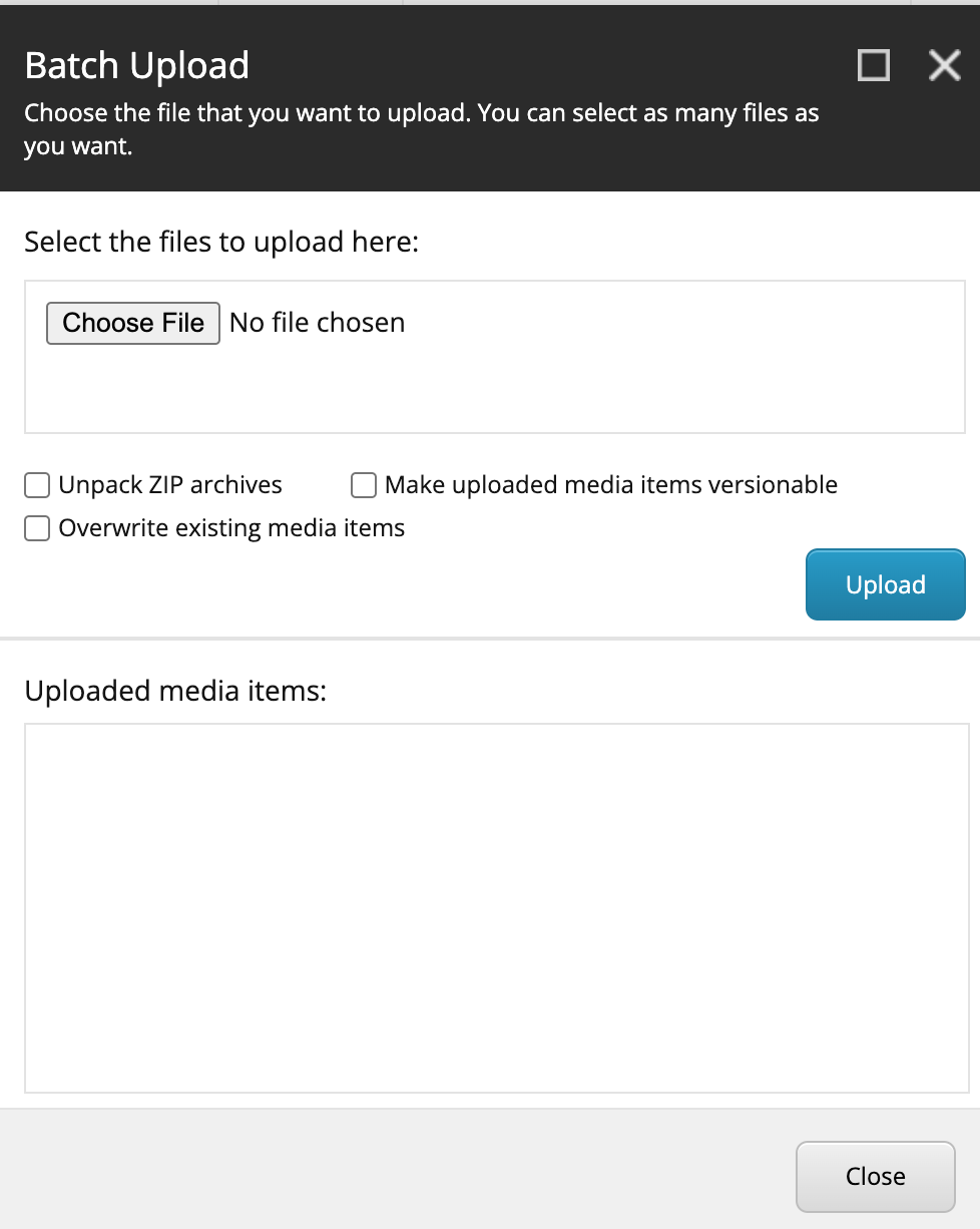 The Batch Upload dialog box with one browse button
