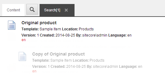 The Search results containing a clone and the original item.