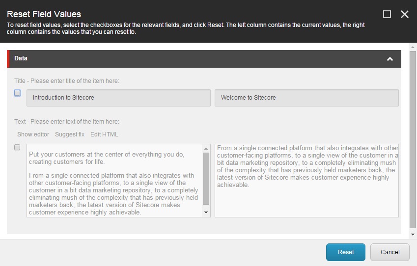 The Reset Field Values dialog box