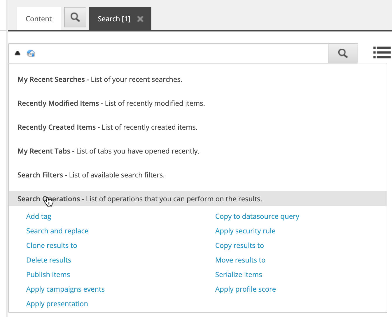 The Search Operations menu