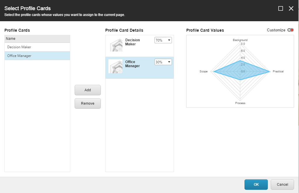 Select Profile Card dialog box with the Multiple with Percentages Authoring Selection setting.