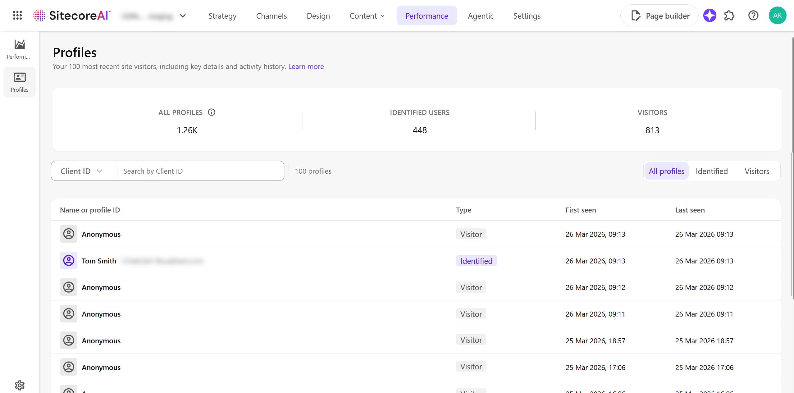 A list of 100 most recent profiles in SitecoreAI