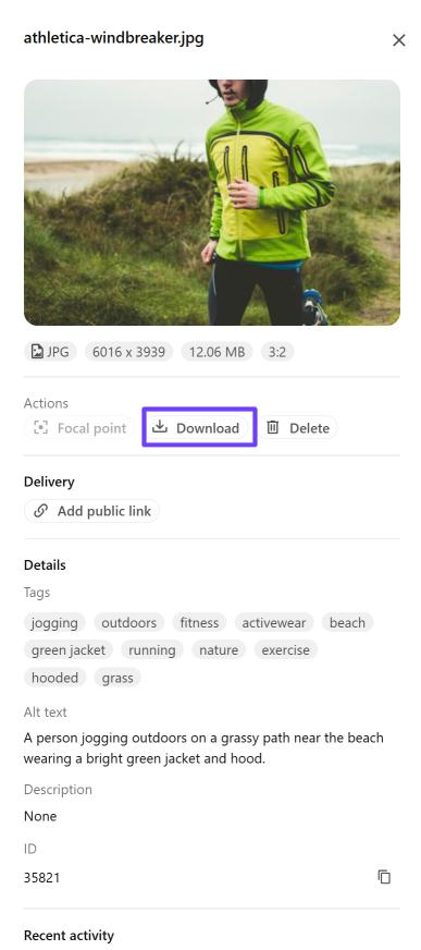 Media item details dialog with thumbnail and item information such as ID