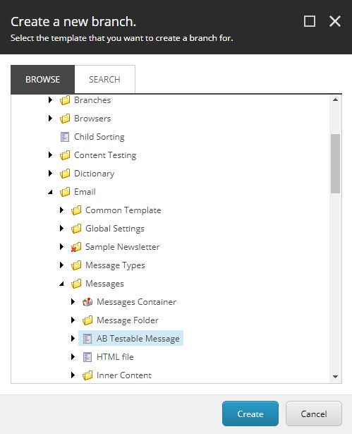 The Create a new branch dialog box showing where to select the AB Testable Message.