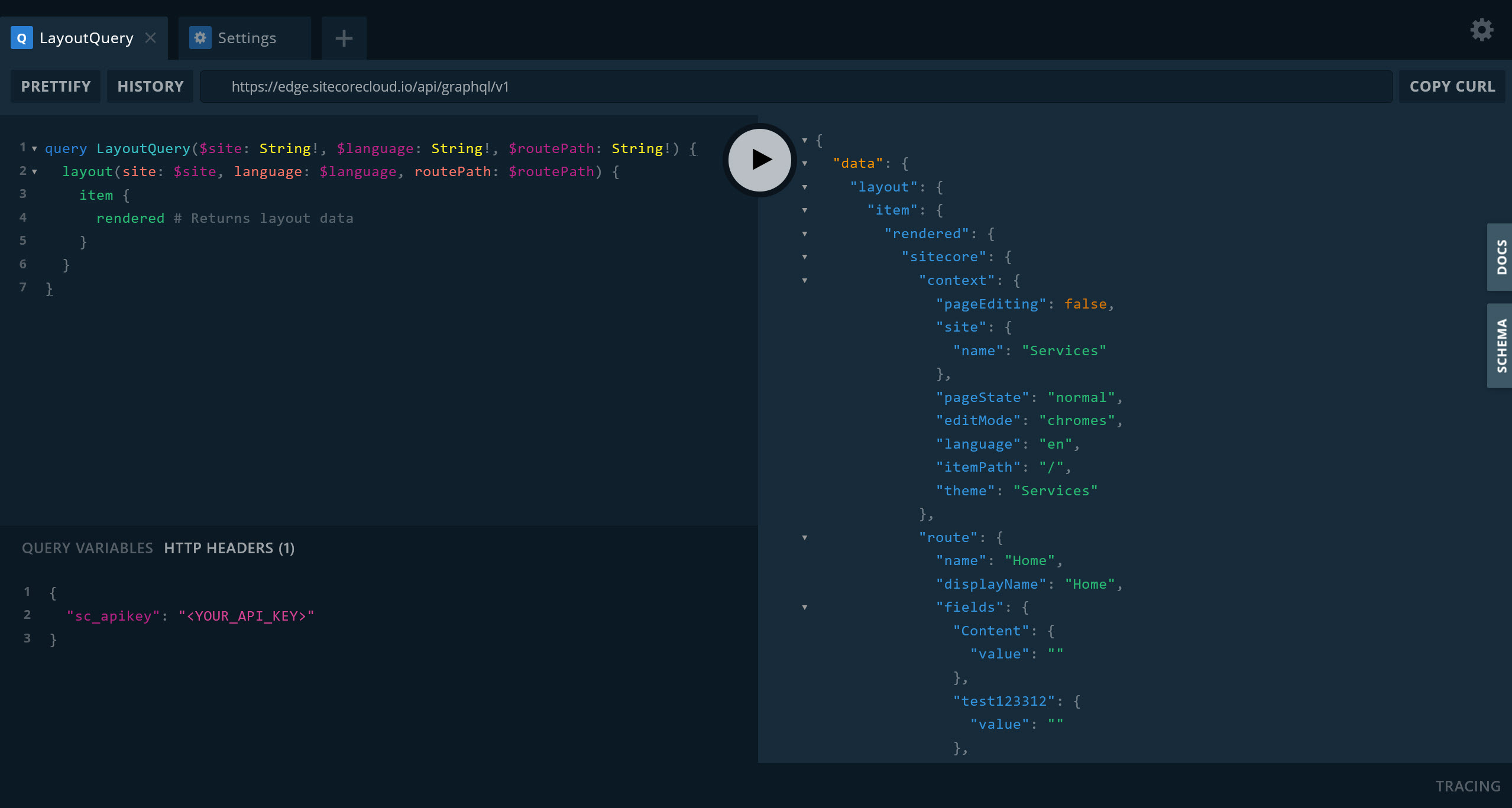 The GraphQL IDE showing an example query for a page layout.