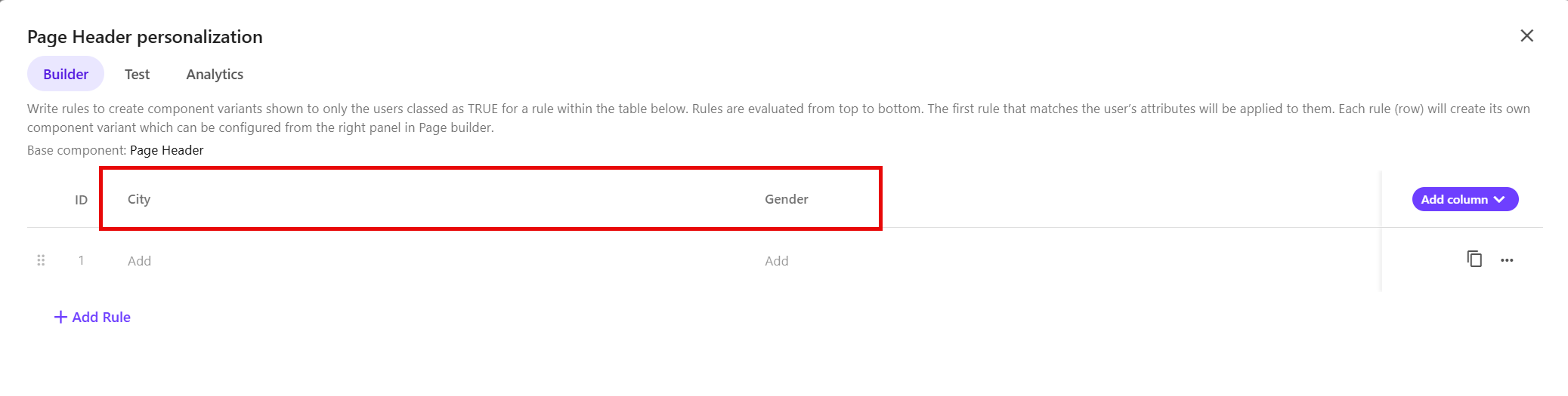Inputs you select appear as separate columns in the decision table.