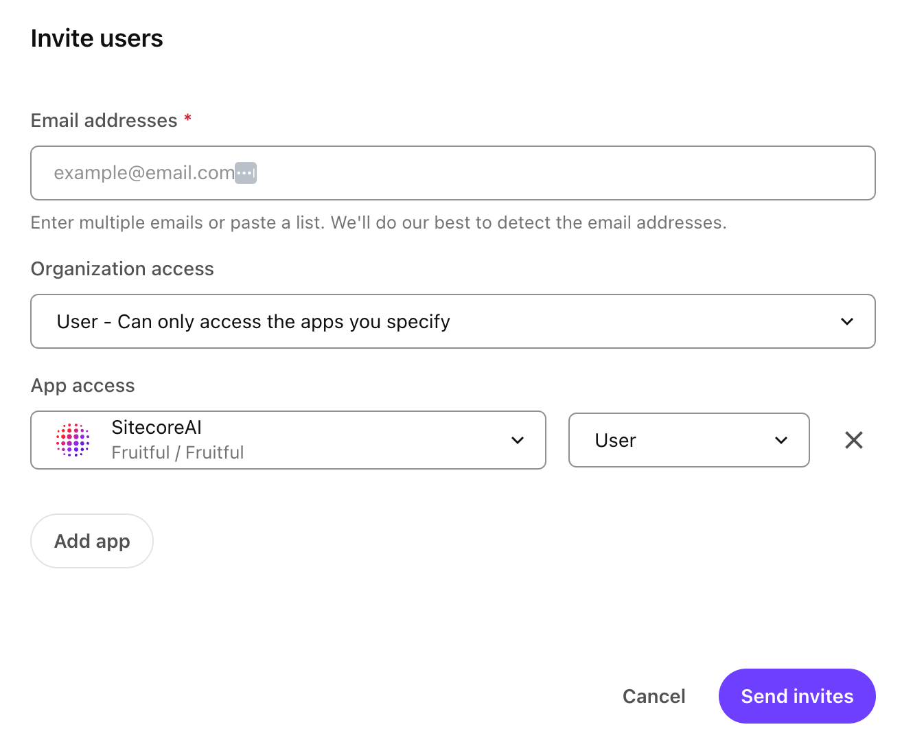 Details required to invite new members to the current organization, including their email addresses, the organization role to assign them, and any app roles for Organization Users.
