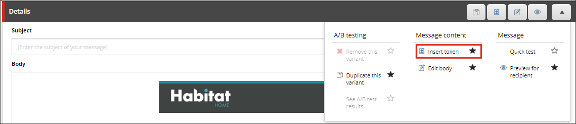 Email Experience Manager Message tab showing how to insert a token.