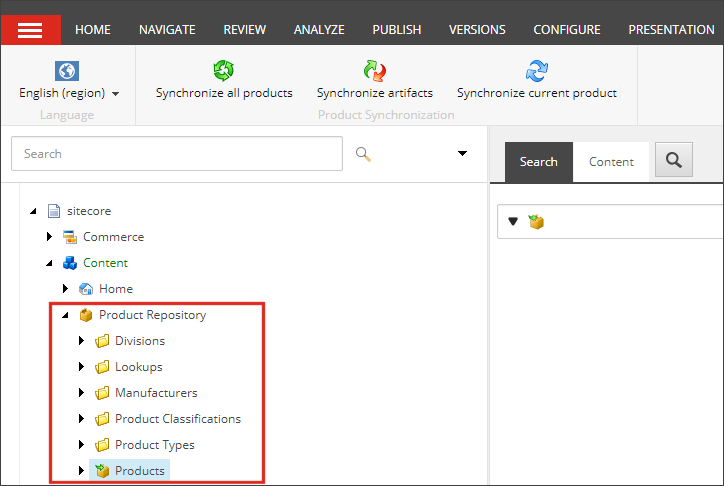The Product Repository folder in Sitecore Content tree.